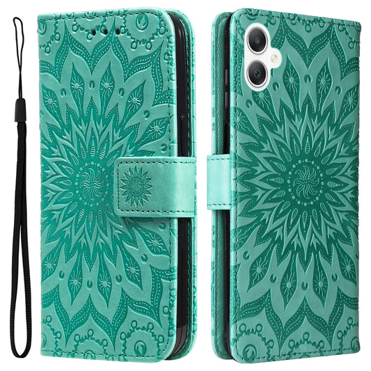 KT Imprinting Flower Series-1 For Samsung Galaxy A06 Case Sunflower Leather Wallet Folio Phone Cover - Green