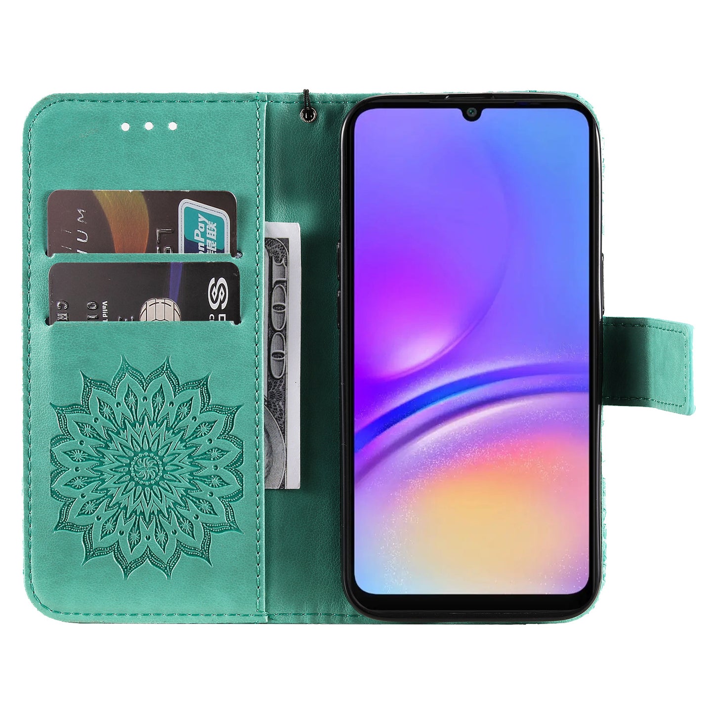 KT Imprinting Flower Series-1 For Samsung Galaxy A06 Case Sunflower Leather Wallet Folio Phone Cover - Green