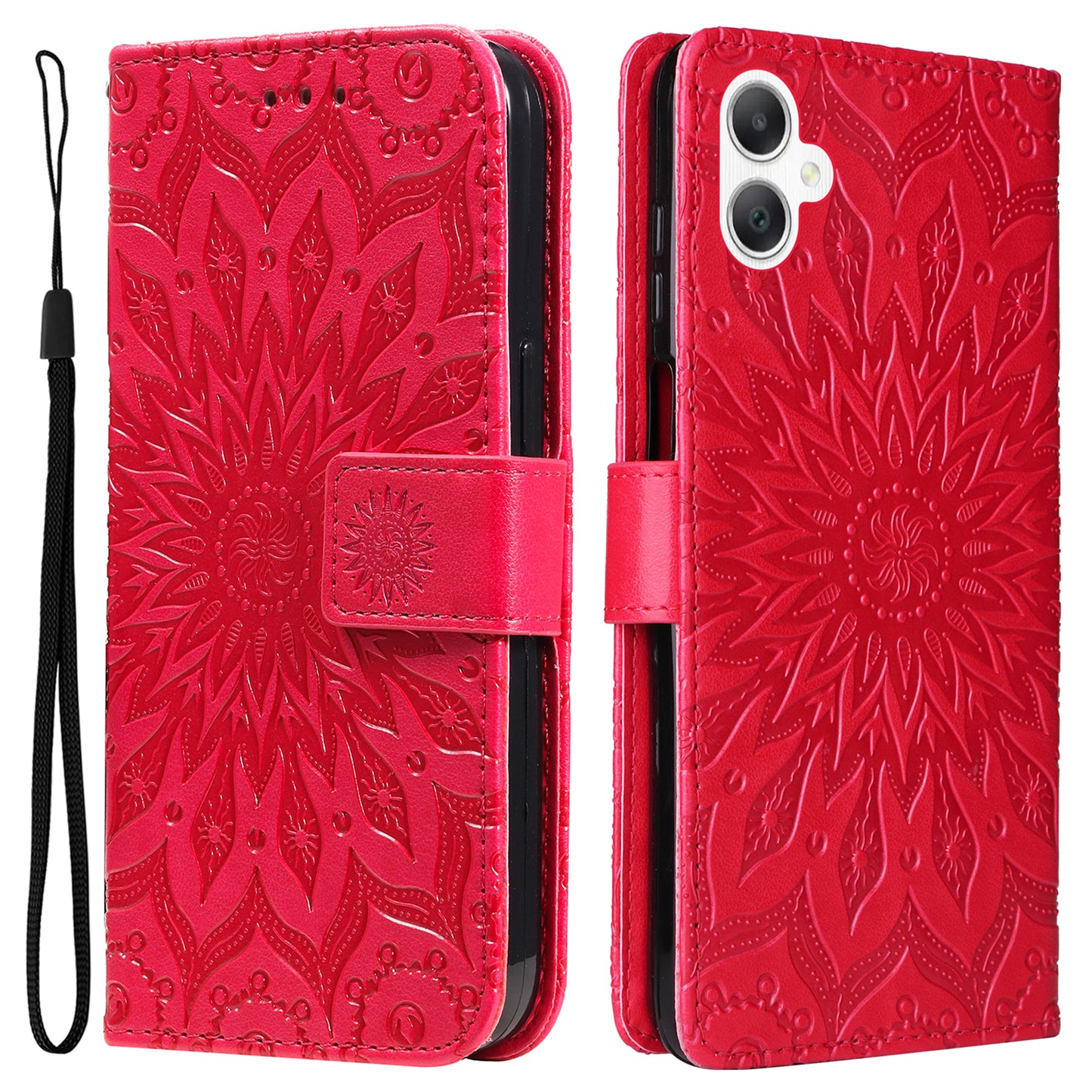 KT Imprinting Flower Series-1 For Samsung Galaxy A06 Case Sunflower Leather Wallet Folio Phone Cover - Red