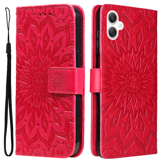 KT Imprinting Flower Series-1 For Samsung Galaxy A06 Case Sunflower Leather Wallet Folio Phone Cover - Red