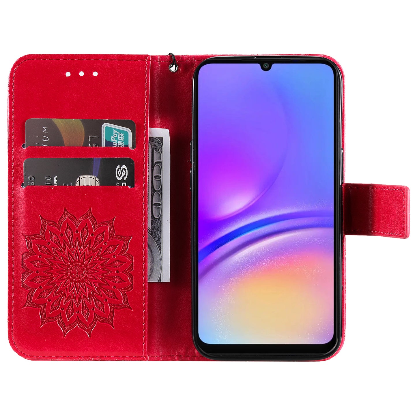 KT Imprinting Flower Series-1 For Samsung Galaxy A06 Case Sunflower Leather Wallet Folio Phone Cover - Red