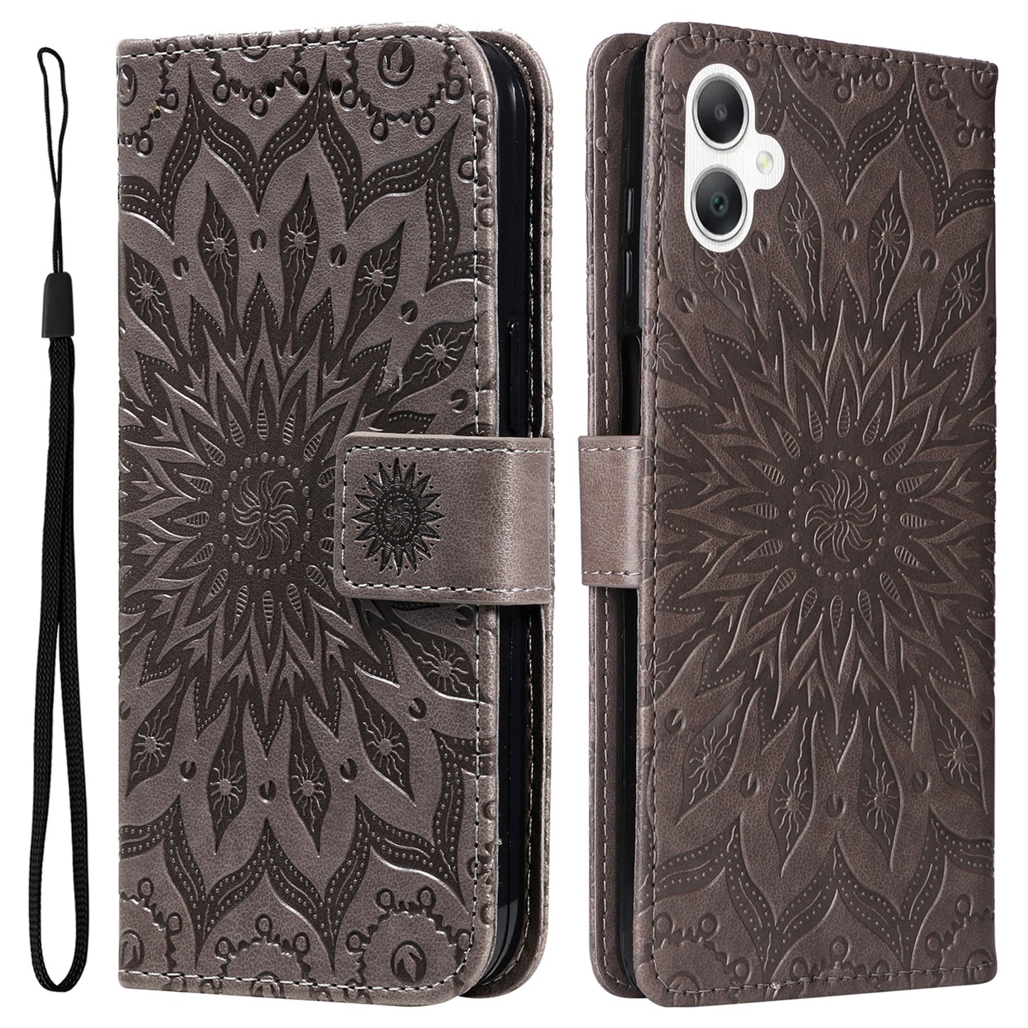KT Imprinting Flower Series-1 For Samsung Galaxy A06 Case Sunflower Leather Wallet Folio Phone Cover - Grey