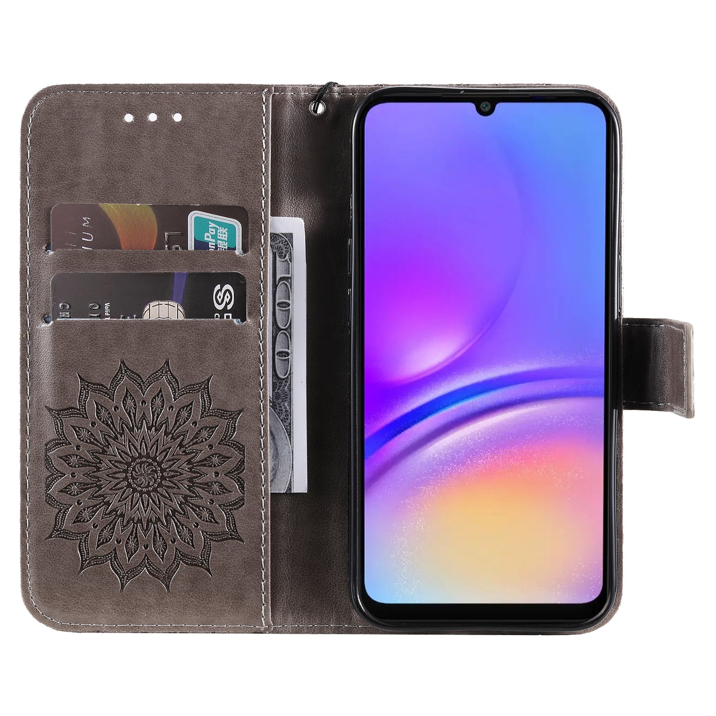 KT Imprinting Flower Series-1 For Samsung Galaxy A06 Case Sunflower Leather Wallet Folio Phone Cover - Grey