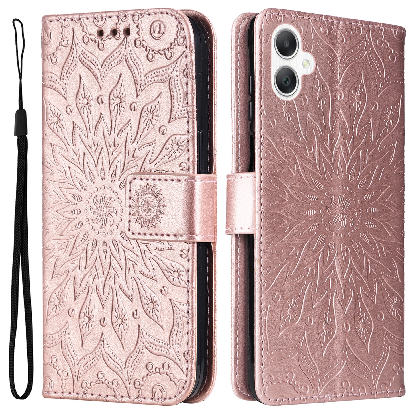 KT Imprinting Flower Series-1 For Samsung Galaxy A06 Case Sunflower Leather Wallet Folio Phone Cover - Rose Gold