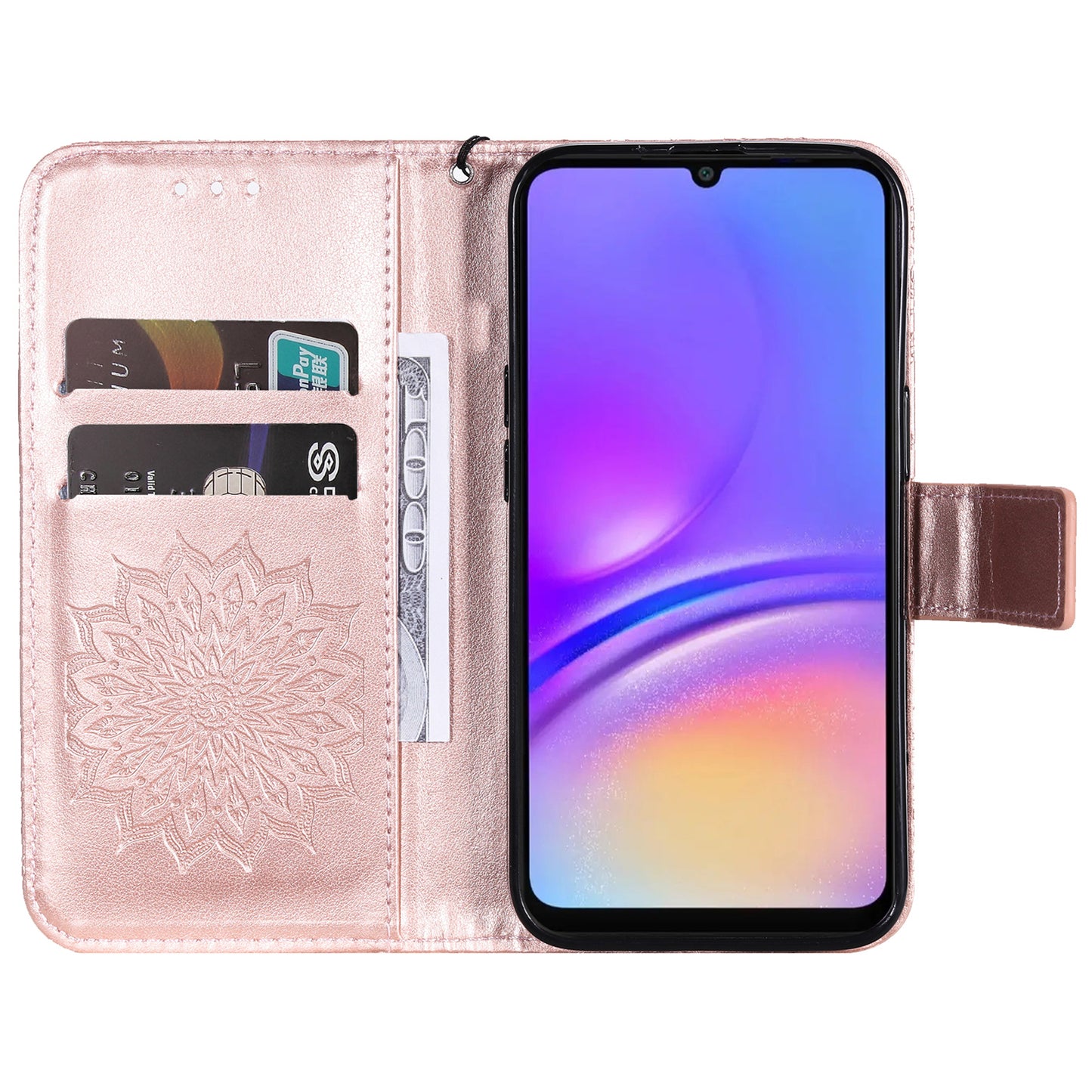 KT Imprinting Flower Series-1 For Samsung Galaxy A06 Case Sunflower Leather Wallet Folio Phone Cover - Rose Gold