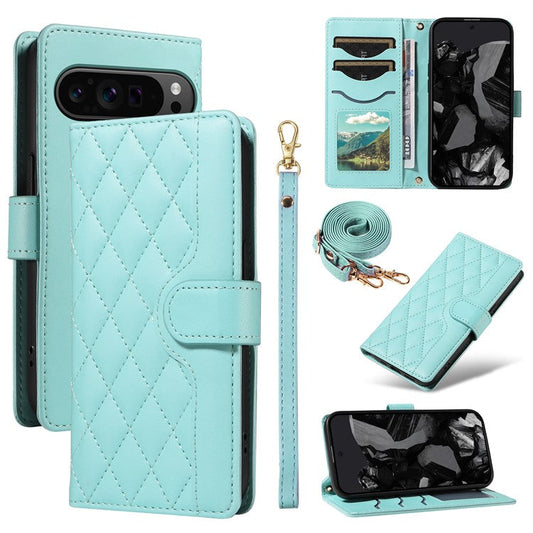 For Google Pixel 9 Pro XL Case Wallet Rhombus Leather Phone Cover with Shoulder Strap, Wrist Strap - Green