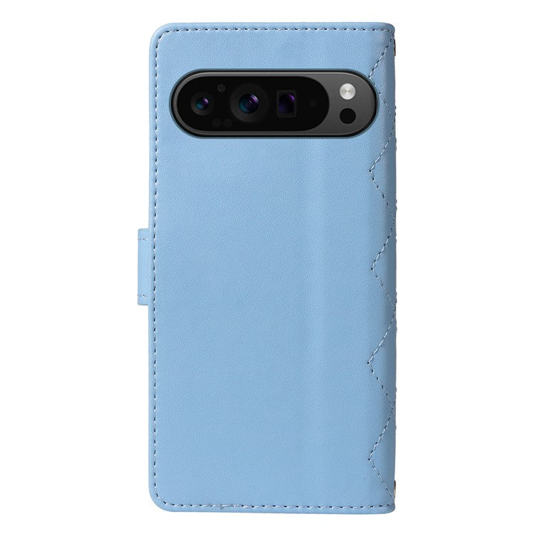 For Google Pixel 9 Pro XL Case Wallet Rhombus Leather Phone Cover with Shoulder Strap, Wrist Strap - Blue