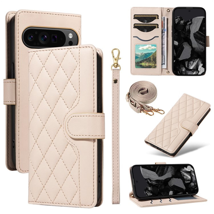 For Google Pixel 9 Pro XL Case Wallet Rhombus Leather Phone Cover with Shoulder Strap, Wrist Strap - Apricot