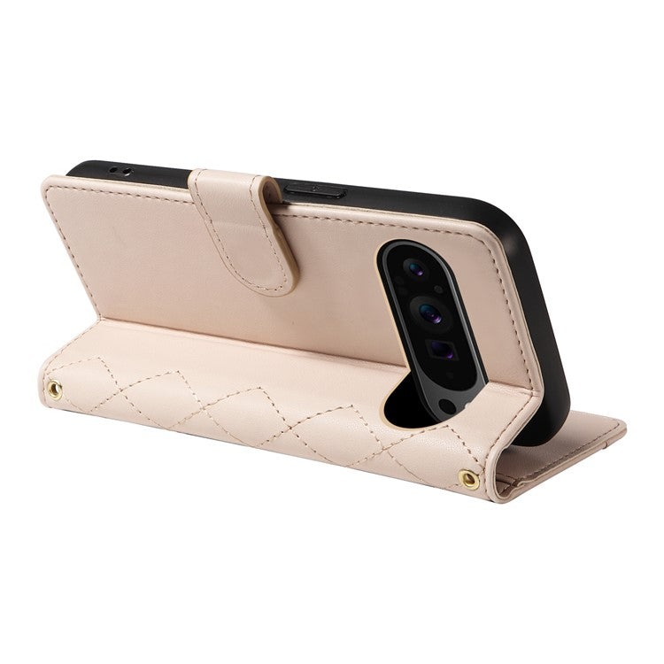 For Google Pixel 9 Pro XL Case Wallet Rhombus Leather Phone Cover with Shoulder Strap, Wrist Strap - Apricot