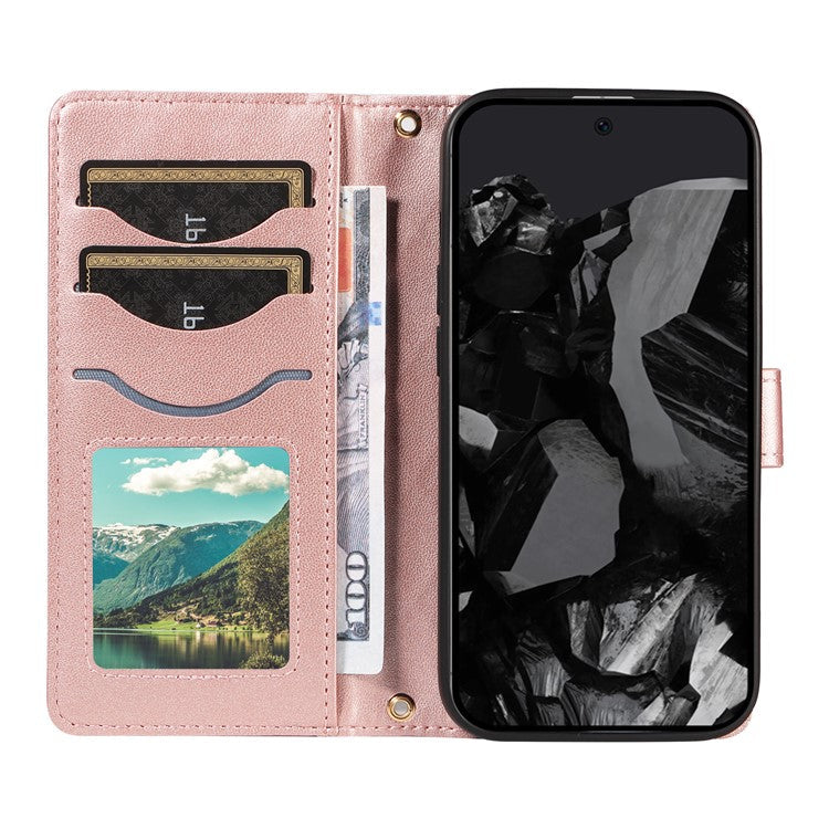 For Google Pixel 9 Pro XL Case Wallet Rhombus Leather Phone Cover with Shoulder Strap, Wrist Strap - Rose Gold