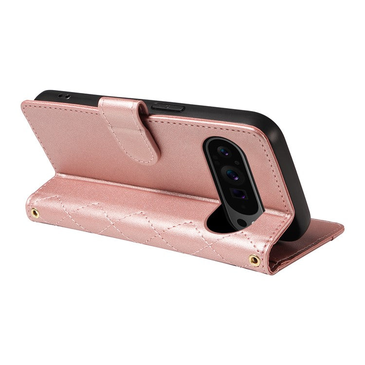 For Google Pixel 9 Pro XL Case Wallet Rhombus Leather Phone Cover with Shoulder Strap, Wrist Strap - Rose Gold