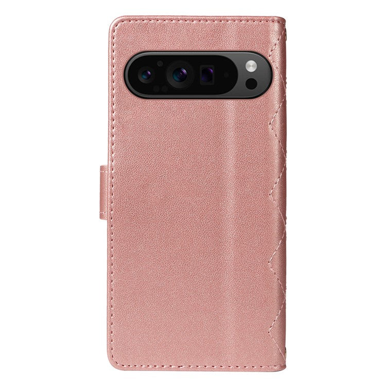 For Google Pixel 9 Pro XL Case Wallet Rhombus Leather Phone Cover with Shoulder Strap, Wrist Strap - Rose Gold
