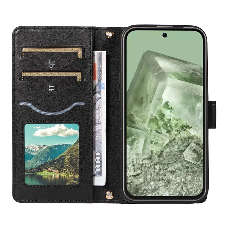 For Google Pixel 8 Case Wallet Rhombus Leather Phone Cover with Shoulder Strap, Wrist Strap - Black