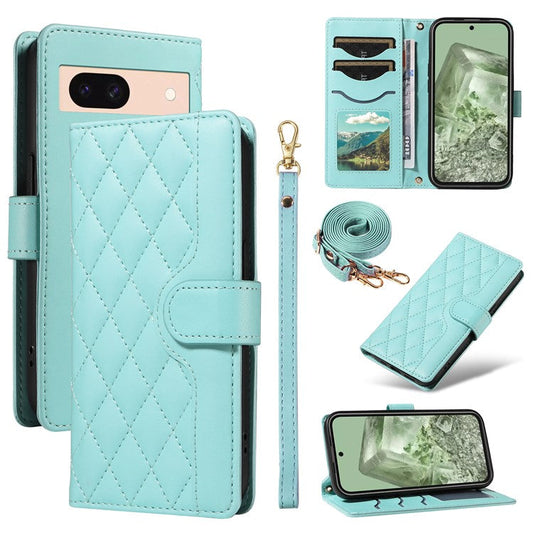 For Google Pixel 8 Case Wallet Rhombus Leather Phone Cover with Shoulder Strap, Wrist Strap - Green
