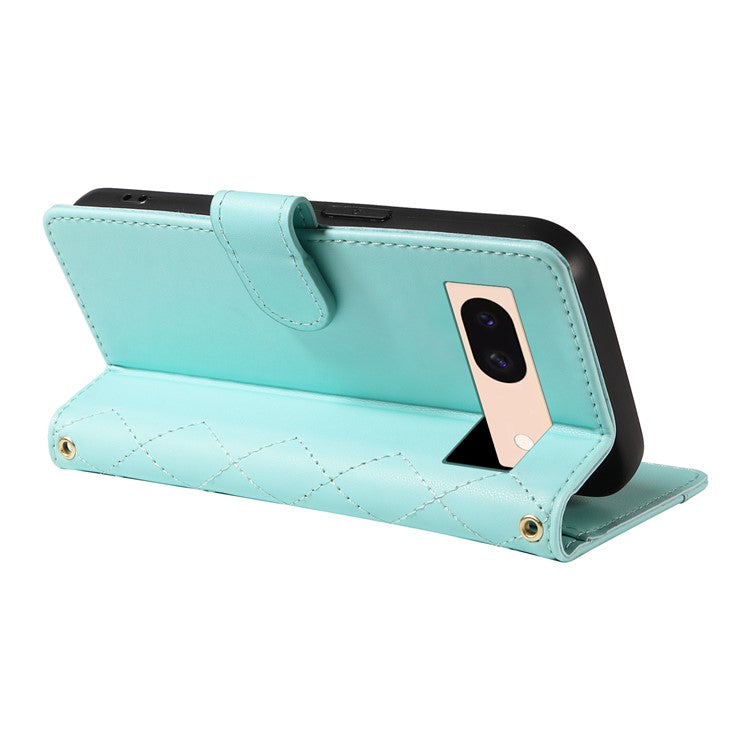 For Google Pixel 8 Case Wallet Rhombus Leather Phone Cover with Shoulder Strap, Wrist Strap - Green