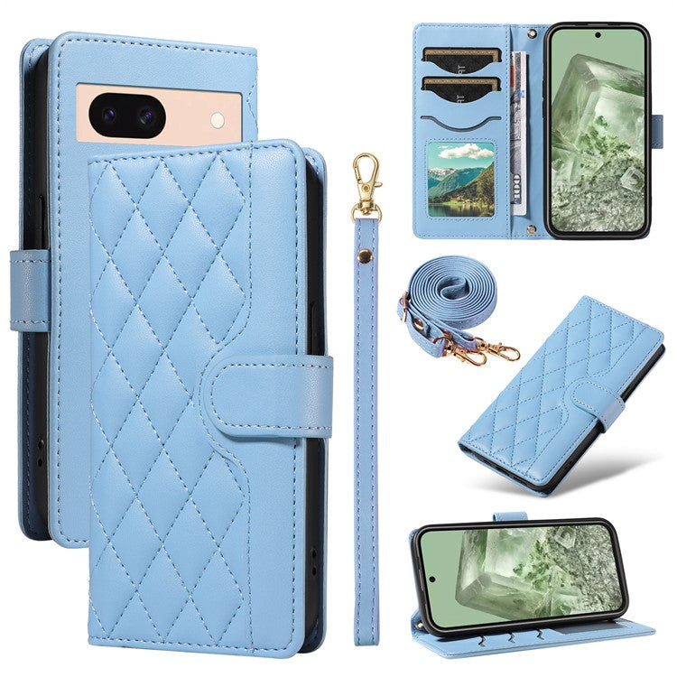 For Google Pixel 8 Case Wallet Rhombus Leather Phone Cover with Shoulder Strap, Wrist Strap - Blue