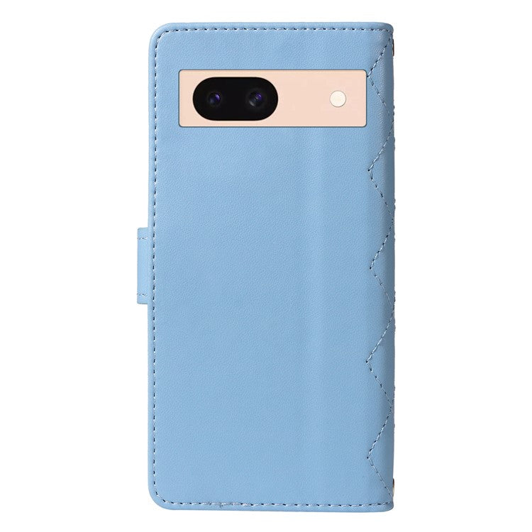 For Google Pixel 8 Case Wallet Rhombus Leather Phone Cover with Shoulder Strap, Wrist Strap - Blue