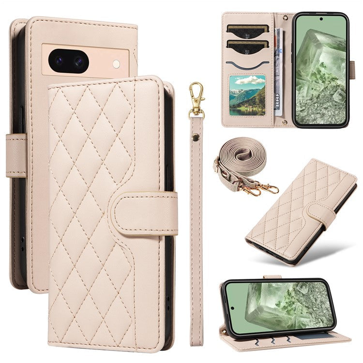 For Google Pixel 8 Case Wallet Rhombus Leather Phone Cover with Shoulder Strap, Wrist Strap - Apricot