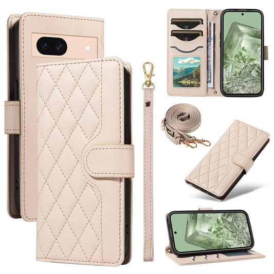 For Google Pixel 8 Case Wallet Rhombus Leather Phone Cover with Shoulder Strap, Wrist Strap - Apricot