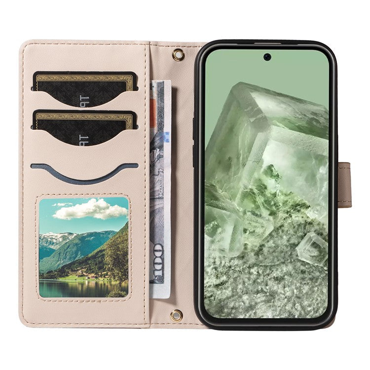 For Google Pixel 8 Case Wallet Rhombus Leather Phone Cover with Shoulder Strap, Wrist Strap - Apricot