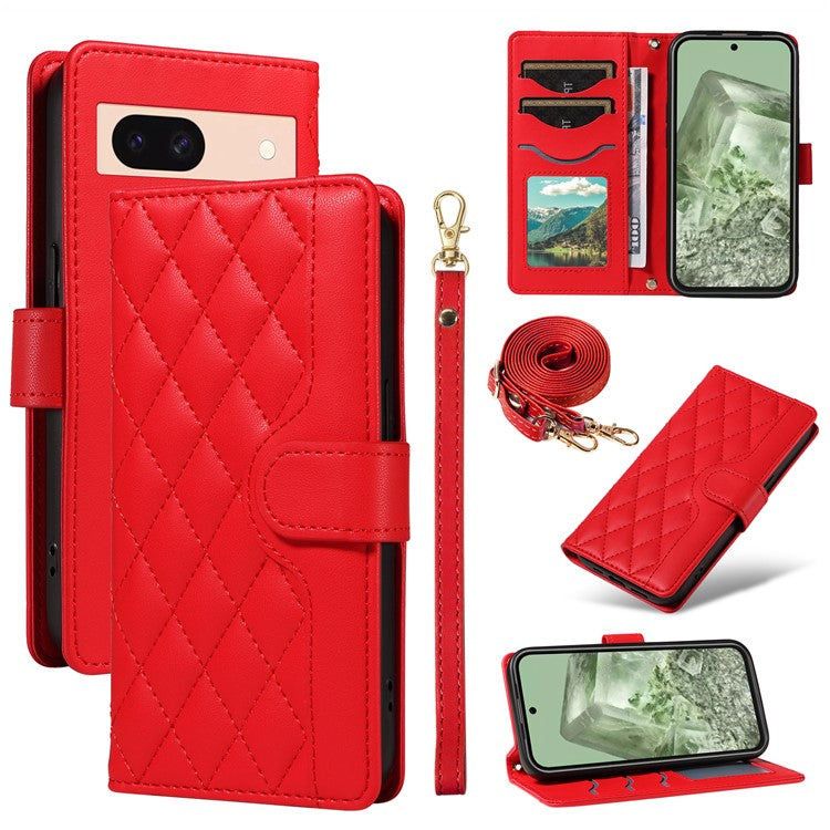 For Google Pixel 8 Case Wallet Rhombus Leather Phone Cover with Shoulder Strap, Wrist Strap - Red