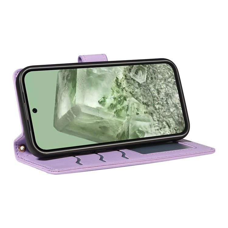 For Google Pixel 8 Case Wallet Rhombus Leather Phone Cover with Shoulder Strap, Wrist Strap - Light Purple