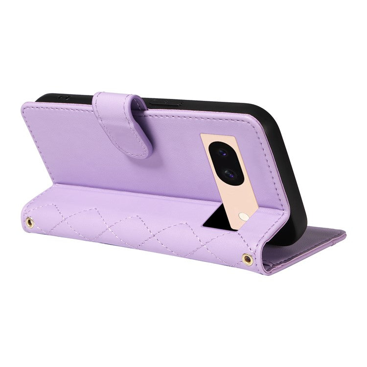 For Google Pixel 8 Case Wallet Rhombus Leather Phone Cover with Shoulder Strap, Wrist Strap - Light Purple