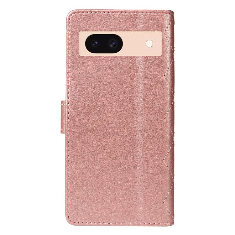 For Google Pixel 8 Case Wallet Rhombus Leather Phone Cover with Shoulder Strap, Wrist Strap - Rose Gold