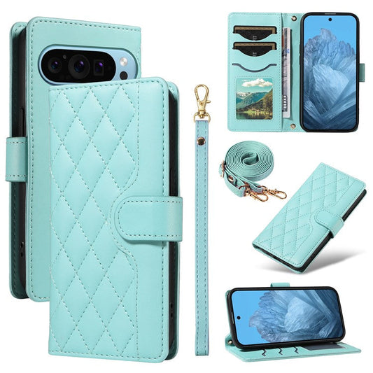 For Google Pixel 9 / Pixel 9 Pro Case Wallet Rhombus Leather Phone Cover with Shoulder Strap, Wrist Strap - Green