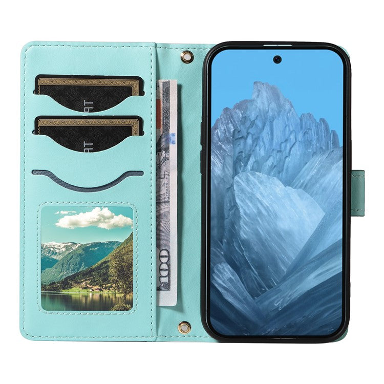 For Google Pixel 9 / Pixel 9 Pro Case Wallet Rhombus Leather Phone Cover with Shoulder Strap, Wrist Strap - Green