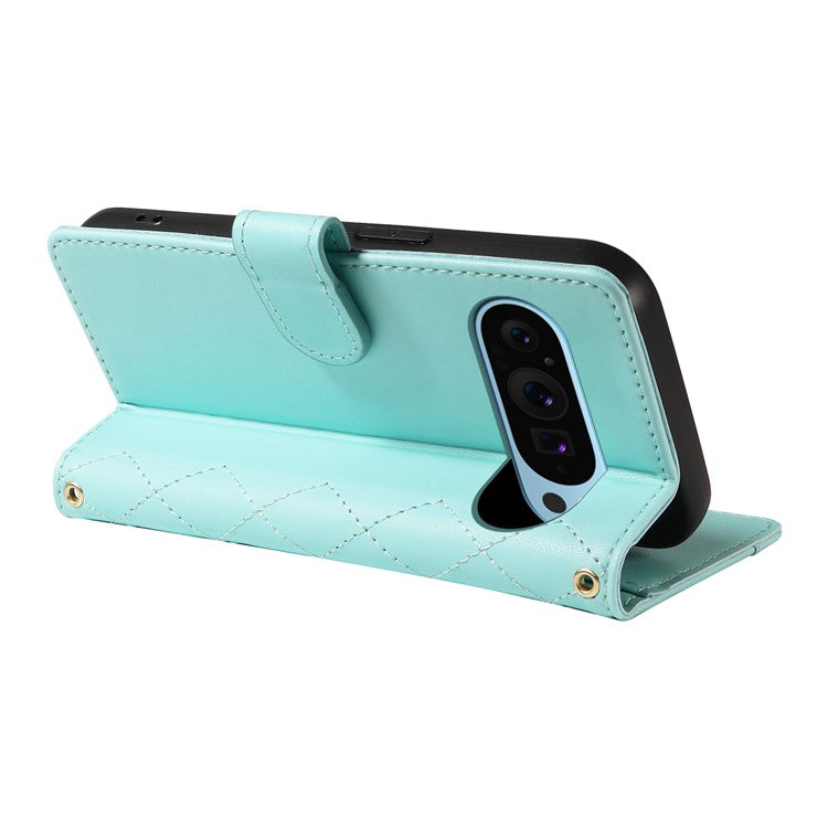 For Google Pixel 9 / Pixel 9 Pro Case Wallet Rhombus Leather Phone Cover with Shoulder Strap, Wrist Strap - Green