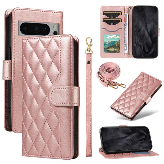 For Google Pixel 8 Pro Case Wallet Rhombus Leather Phone Cover with Shoulder Strap, Wrist Strap - Rose Gold