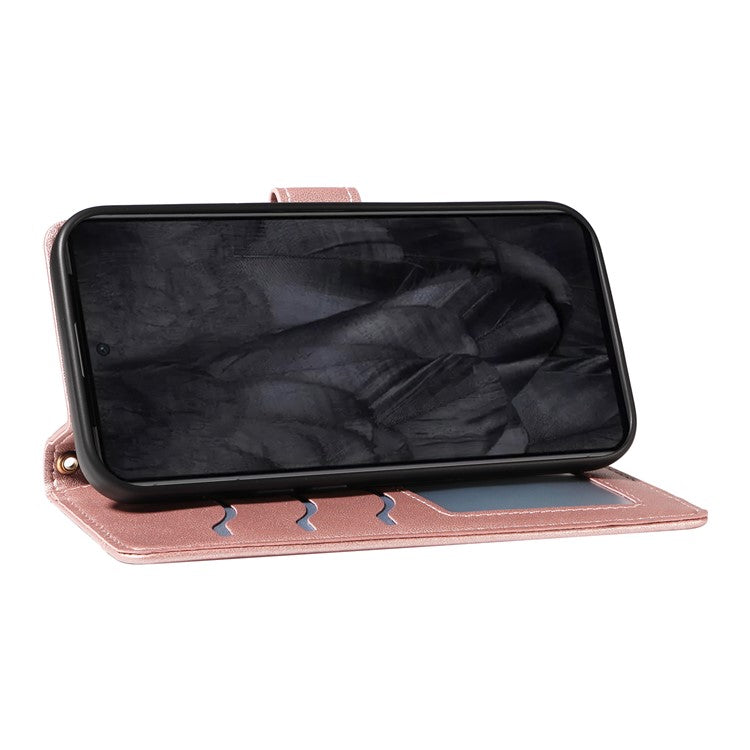 For Google Pixel 8 Pro Case Wallet Rhombus Leather Phone Cover with Shoulder Strap, Wrist Strap - Rose Gold