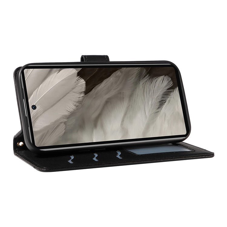 For Google Pixel 7a Case Wallet Rhombus Leather Phone Cover with Shoulder Strap, Wrist Strap - Black