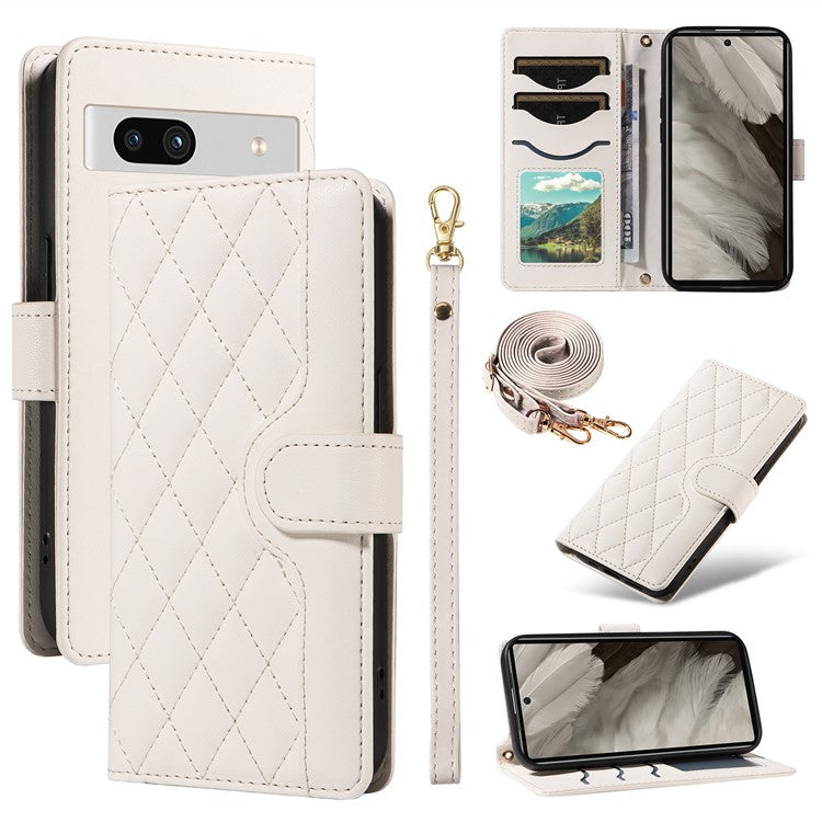 For Google Pixel 7a Case Wallet Rhombus Leather Phone Cover with Shoulder Strap, Wrist Strap - White