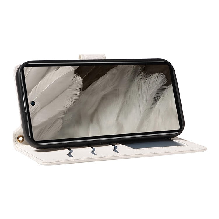 For Google Pixel 7a Case Wallet Rhombus Leather Phone Cover with Shoulder Strap, Wrist Strap - White