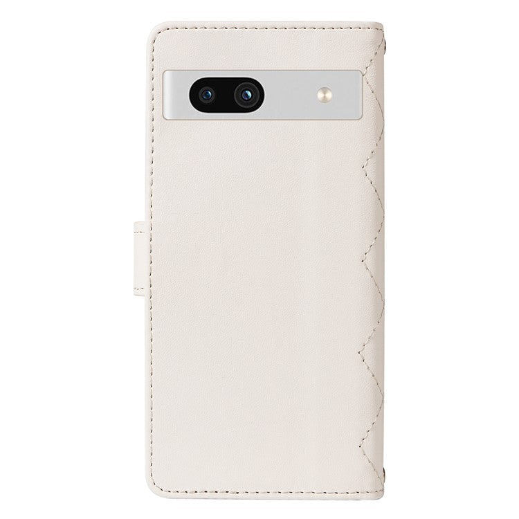 For Google Pixel 7a Case Wallet Rhombus Leather Phone Cover with Shoulder Strap, Wrist Strap - White
