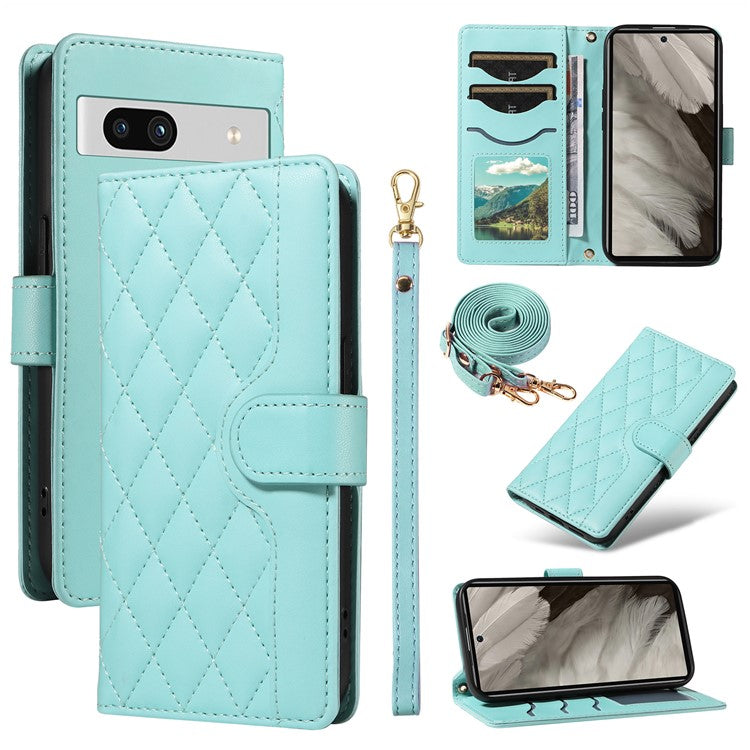 For Google Pixel 7a Case Wallet Rhombus Leather Phone Cover with Shoulder Strap, Wrist Strap - Green
