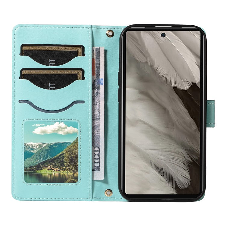 For Google Pixel 7a Case Wallet Rhombus Leather Phone Cover with Shoulder Strap, Wrist Strap - Green