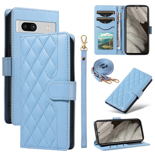 For Google Pixel 7a Case Wallet Rhombus Leather Phone Cover with Shoulder Strap, Wrist Strap - Blue