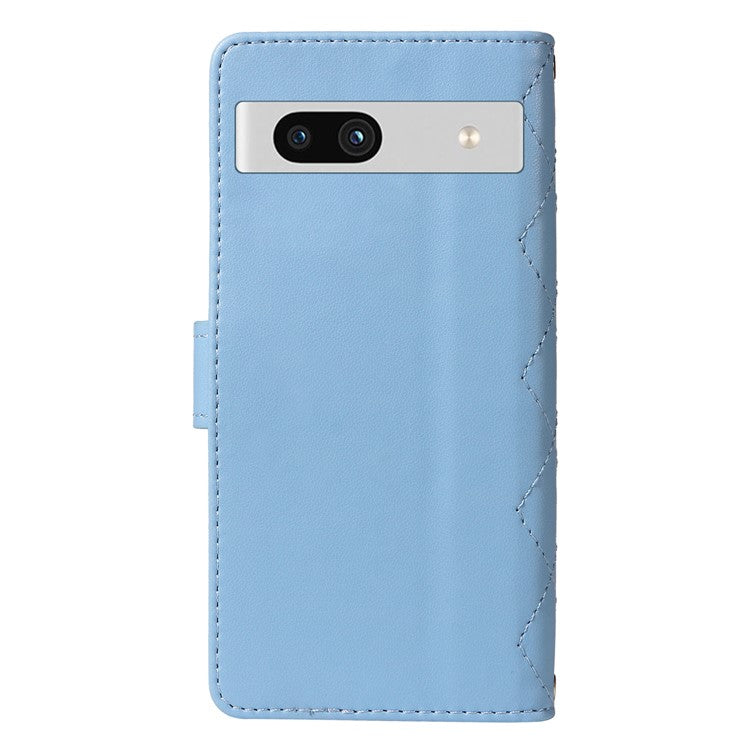 For Google Pixel 7a Case Wallet Rhombus Leather Phone Cover with Shoulder Strap, Wrist Strap - Blue
