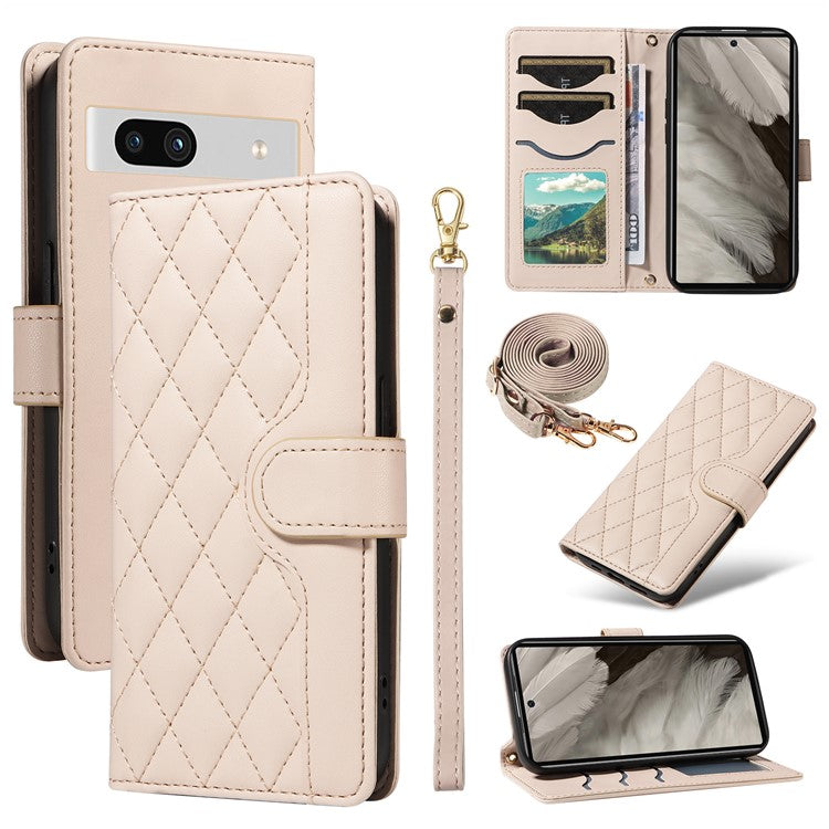 For Google Pixel 7a Case Wallet Rhombus Leather Phone Cover with Shoulder Strap, Wrist Strap - Apricot