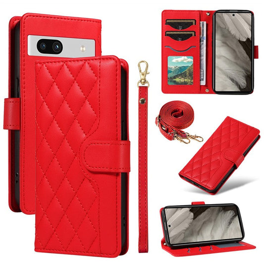 For Google Pixel 7a Case Wallet Rhombus Leather Phone Cover with Shoulder Strap, Wrist Strap - Red