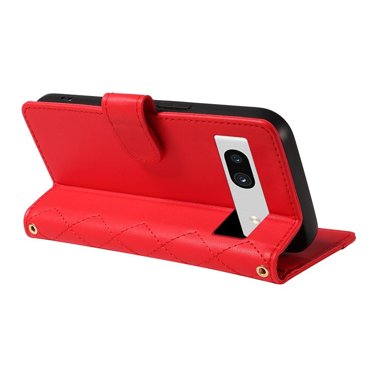 For Google Pixel 7a Case Wallet Rhombus Leather Phone Cover with Shoulder Strap, Wrist Strap - Red