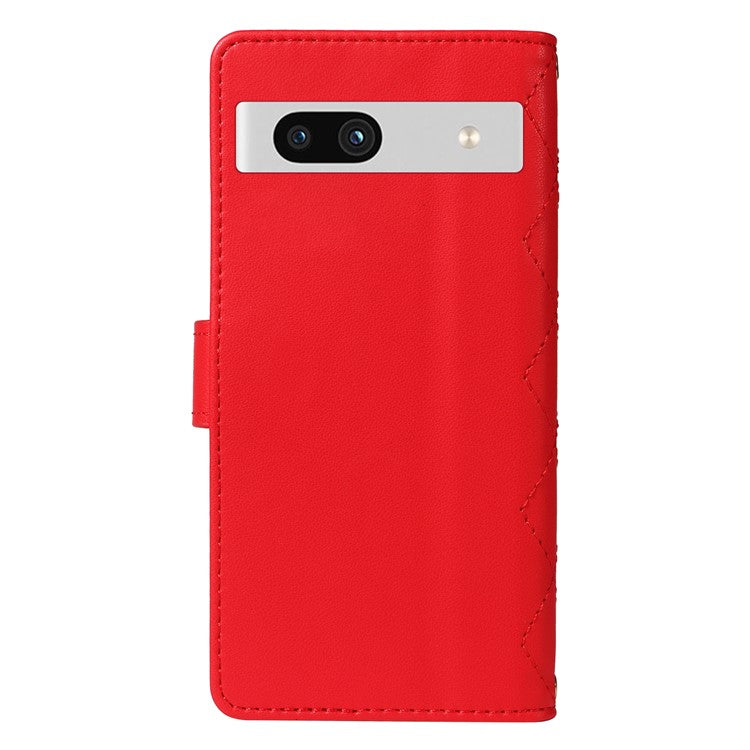 For Google Pixel 7a Case Wallet Rhombus Leather Phone Cover with Shoulder Strap, Wrist Strap - Red