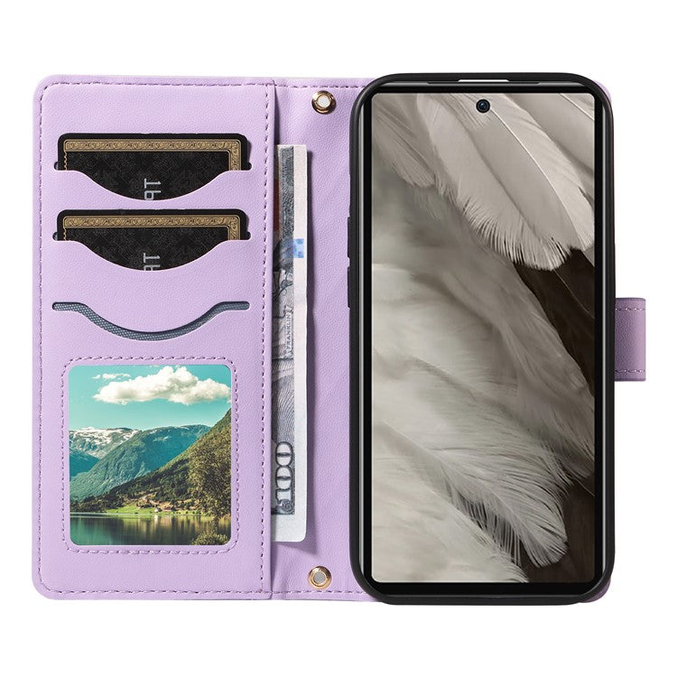 For Google Pixel 7a Case Wallet Rhombus Leather Phone Cover with Shoulder Strap, Wrist Strap - Light Purple