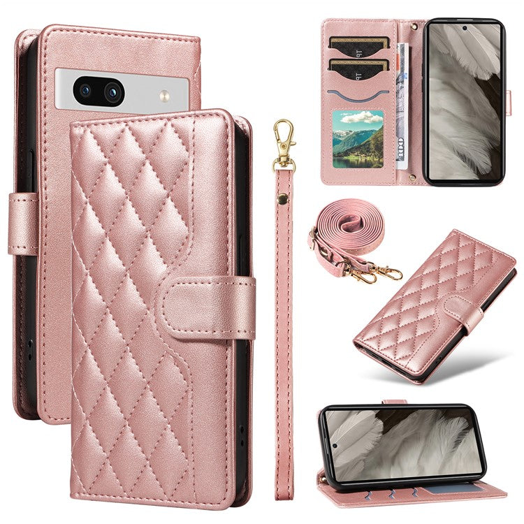 For Google Pixel 7a Case Wallet Rhombus Leather Phone Cover with Shoulder Strap, Wrist Strap - Rose Gold