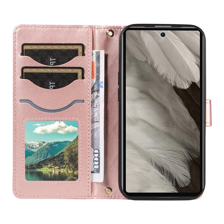 For Google Pixel 7a Case Wallet Rhombus Leather Phone Cover with Shoulder Strap, Wrist Strap - Rose Gold