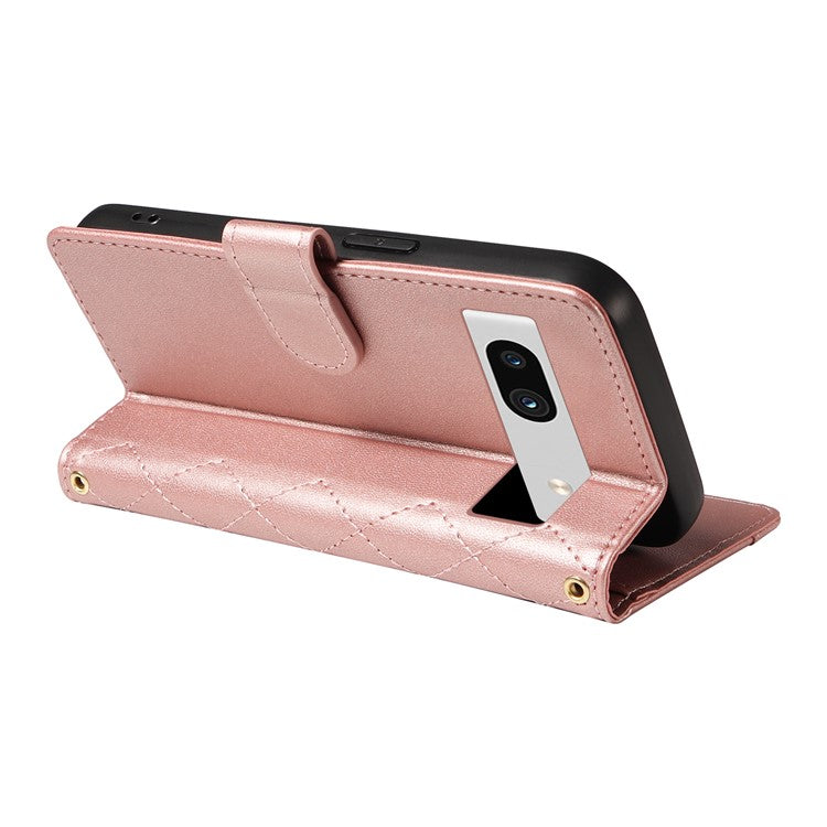 For Google Pixel 7a Case Wallet Rhombus Leather Phone Cover with Shoulder Strap, Wrist Strap - Rose Gold