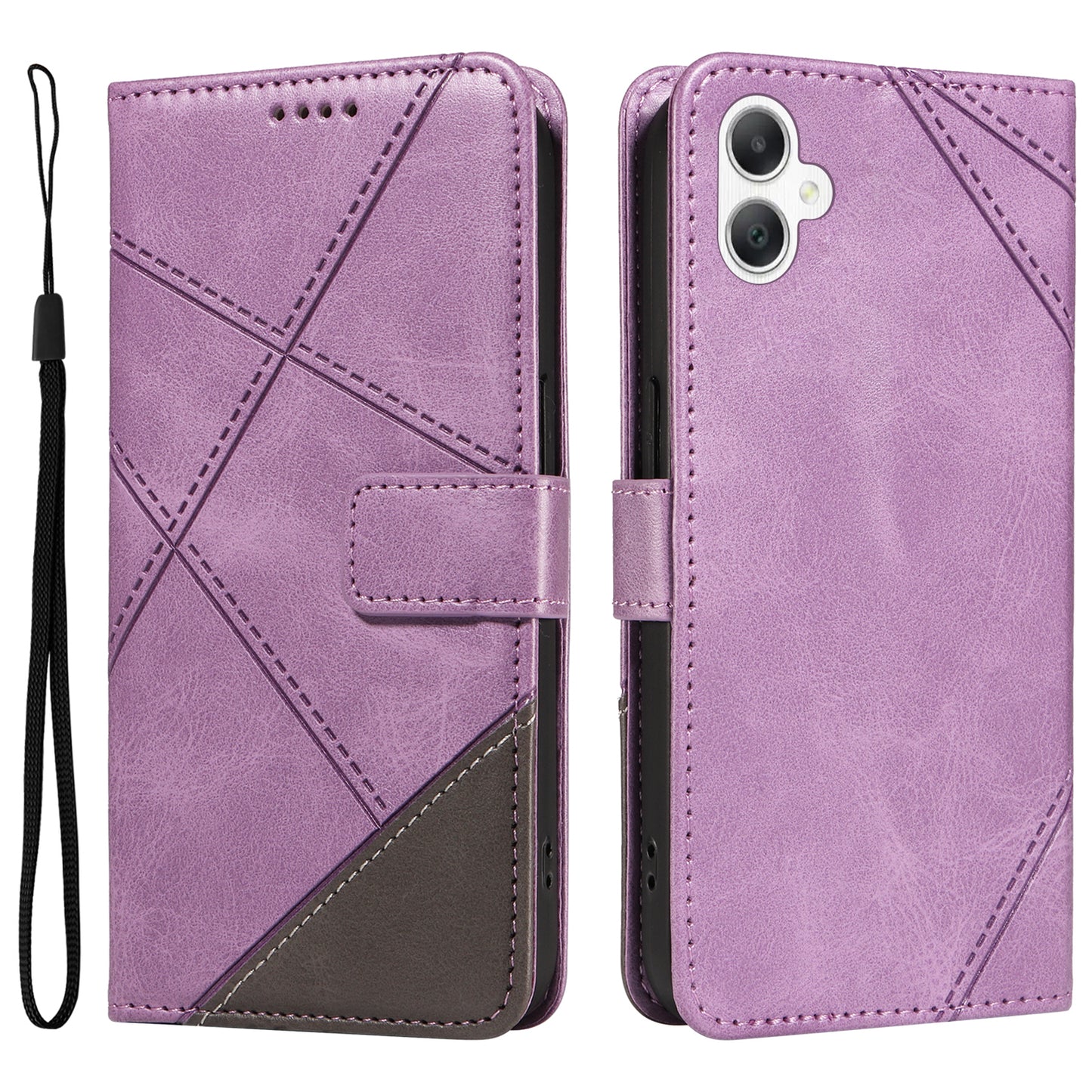For Samsung Galaxy A06 Case Leather Geometric Line Wallet Phone Cover with Wrist Strap - Purple